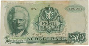 50 kroner 1972. Z5000683. Erstatningsseddel/replacement note.