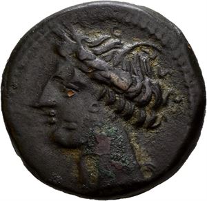 ZEUGITANIA, Carthage. Circa 300-260 BC. AE unit (4,61 g). Wreathed head of Tanit left / Horse head right; Punic letter K to right. Very detailed reverse and well preserved for type. Dark black-green patina with earthen deposits around devices.