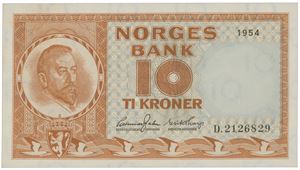 10 kroner 1954. D.2126829. Signert Jahn/Thorp.
