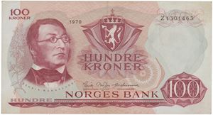 100 kroner 1970. Z1301463. Erstatningsseddel/replacement note.