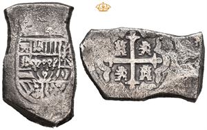 Philip V, 1. regjeringsperiode 1700-1724. 8 reales cob. Mexico City. Årstall og guardein ikke synlig. 25,61 g