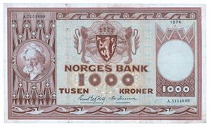 1000 kroner 1974. A5154800. Små rifter/minor tears
