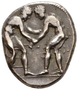 PAMPHYLIA, Aspendos, 385-370 f.Kr., stater (11,00 g). To brytere/slyngekaster.