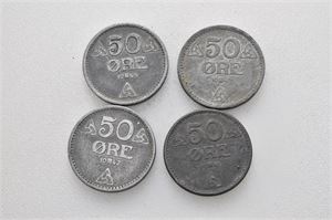 Lott 4 stk. 50 ører i sink. 1941, 1942, 1943 og 1944