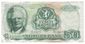50 kroner 1980. Z0405128. Erstatningsseddel/replacement note