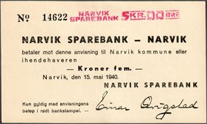 Narvik Sparebank, 5 kroner 1940. Nr.14622