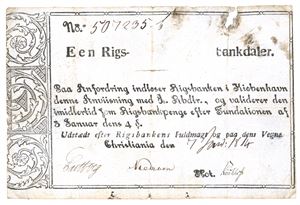 1 rigsbankdaler 7.januar 1814. No.507235b. Taperester på revers, hull og flekker/traces of tape on reverse, hole and spots