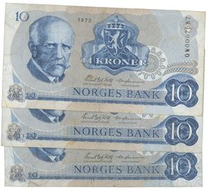 Lott 3 stk. 10 kroner 1972 QW, QY og QÆ. Erstatningssedler/replacement notes