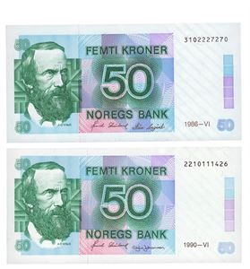 Lot 2 stk. 50 kroner 1986. 3102227270 og 1990. 2210111426.