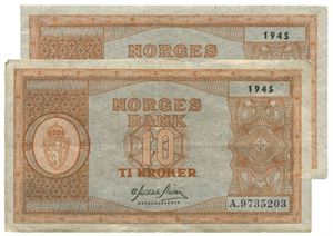Lot 2 stk. 10 kroner 1945. A9735203 og B3047318