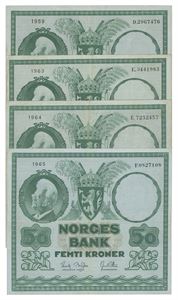 Norway. Lott 4 stk. 50 kroner 1959 D, 1963 E, 1964 E og 1965 F