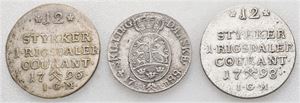 Norge, Christian VII, lot 3 stk. 1/15 speciedaler 1796, 1798 og 4 skilling 1788