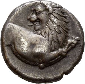 THRACE, Chersonesos. Circa 357-320 BC. AR hemidrachm (2,34 g). Lion forepart leaping right, head reverted / Quadripartite incuse square with two raised and two sunken compartments; ?G monogram below pellet, and cicada in sunken compartments. Well struck and with a lovely dark cabinet toning.