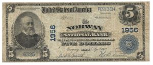 National Bank Norway, Maine, 5 dollar 2.april 1912.