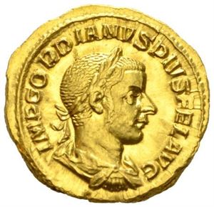 GORDIAN III 238-244, aureus, Roma 241-243 e.Kr. (5,42 g). R: Laetitia stående mot venstre