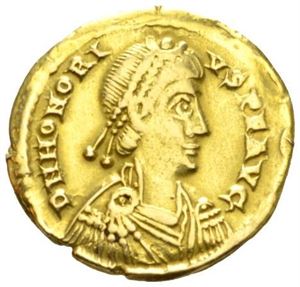 HONORIUS 393-423, solidus, Ravenna 408-423 e.Kr. (3,09 g). R: Honorius stående.