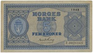 5 kroner 1948. Z.0028168. Erstatningsseddel/replacement note.