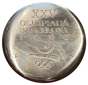 Barcelona 1992 deltagermedalje. Kobber/copper. Noe korrosjon/some corrossion