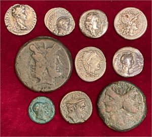 Lot # 5. Lot of 6 Roman republican and imperial AR denarii, and 4 bronze coins from the Roman Republic