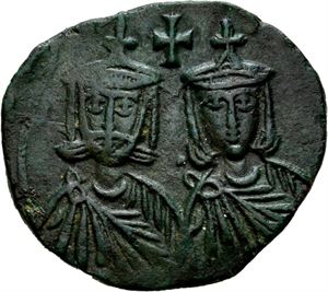 Leo V the Armenian 813-820, Æ follis, Syrakus. Byste av Leo og Constantin/Stor nK