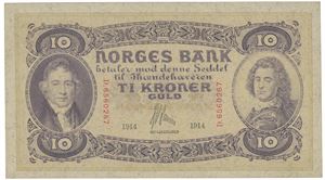 10 kroner 1914 D 6560267.  To stiftemerker venstre side.