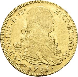 Carl IV, 8 escudos 1795. Potosi. Liten blankettfeil/minor planchet defect