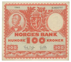 100 kroner 1960. Z0422757. Erstatningsseddel/replacement note