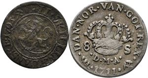 Norge, Frederik IV, lot 2 stk. 8 skilling 1711 og 2 skilling 1703