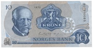 10 kroner 1972. QH0068998. Erstatningsseddel/replacement note