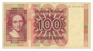 100 kroner 1977. HL0023850. Erstatningsseddel/replacement note