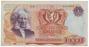 1000 kroner 1975. X0165889. Erstatningsseddel.