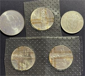 Lott 5 mynter, 10 kroner 1964, 25 kroner 1970, 50 kroner 1980 x3