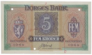 5 kroner 1944. Prøvetrykk uten serienummer, påført markeringer og perforert med 3 hull. UNIK/UNIQUE.