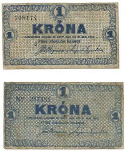 1 krona lot 2 stk.  1921 267181, Sieg 25a, flere hull, samt 1922 708174, Sieg 26