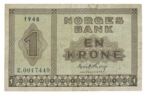 1 krone 1948. Z0017449. Erstatningsseddel/replacement note. R.