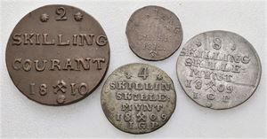 Norge, Frederik VI, lot 4 stk. 8 skilling 1809 (blankettfeil), 4 skilling 1809 (sølv), 2 skilling 1810 og 1 skilling 1812