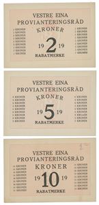 Vestre Eina Provianteringsråd. 2, 5 og 10 kroner 1919.