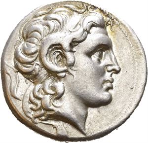KINGS of THRACE, Lysimachos, 305-281 BC. AR tetradrachm (17,02 g). Lampsakos mint, struck circa 297-281 BC. Diademed head of the deified Alexander right, with horn of Ammon / &Beta;A&Sigma;I&Lambda;E&Omega;&Sigma; - &Lambda;Y&Sigma;IMAXOY, Athena seated left, left arm resting on shield, spear behind; torch to inner left, monogram on throne. Well struck and lightly toned. A few very faint hairlines on the obverse. Struck with dies of fine style.