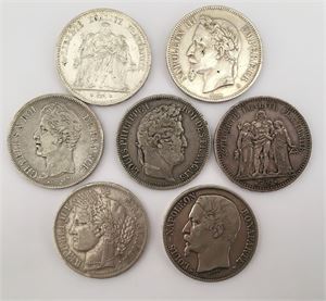 Lot 7 stk. 5 francs 1828 H, 1831 A, 1849 A, 1849 A, 1852 S, 1870 A og 1876 A