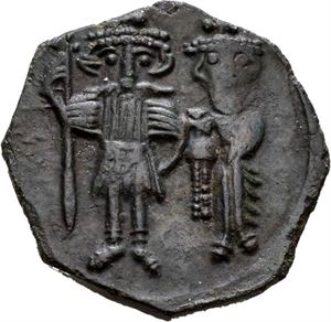 Constans II og Constantin IV 641-668, Æ follis, Syrakus 659-668 e.Kr. R: Stor M mellom Heraclius og Tiberius