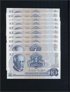 10 kroner 1978. HP0085631-40. Erstatningssedler, 10 stk.