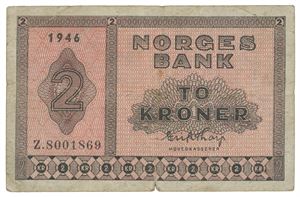 Norway. 2 kroner 1946. Z8001869. Erstatningsseddel/replacement note. UNIK/UNIQUE. Liten brettrift/minor fold tear.