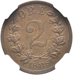 2 øre 1884 MS 63 BN NGC
