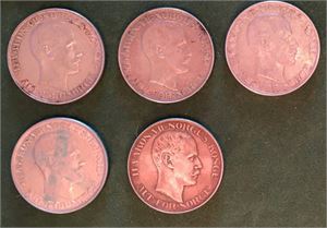 Lot 5 stk. 2 kroner 1908, 1913, 1915, 1916 og 1917