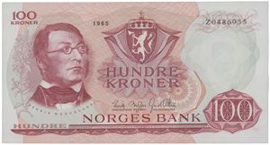 100 kroner 1965. Z0486955. Erstatningsseddel/replacement note.