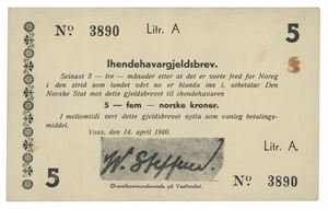 General William Steffens. 5 kroner 1940. No. 3890