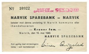 Narvik Sparebank, 5 kroner 1940. Nr.10922