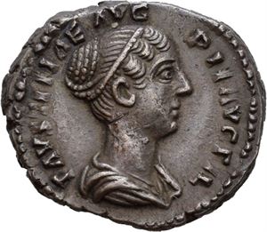 Faustina Jr. d.175 e.Kr., denarius, Roma 148-152 e.Kr. R: Pudicitia stående mot venstre