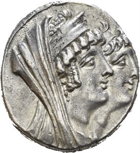 SELEUKID KINGS of SYRIA. Kleopatra Thea and Antiochos VIII (125-121 BC). AR tetradrachm (16,50 g). Ptolemais (Ake) mint, undated issue. Jugate heads right; Kleopatra Thea, veiled and wearing stephane; diademed head of Antiochos VIII / BA&Sigma;I&Lambda;I&Sigma;&Sigma;H&Sigma; ANTIOXOY &Theta;&Epsilon;&Alpha;&Sigma;/KAI BA&Sigma;I&Lambda;E&Omega;&Sigma; ANTIO&Chi;OY, Zeus seated on throne to left, holding Nike in right hand and resting on scepter with left hand; monogram in outer left field. Very light porosity in some areas. Lightly toned.