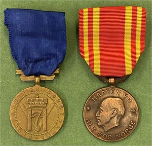 Lot 2 stk. Krigsmedaljen og Frihetsmedaljen. Den siste i original eske